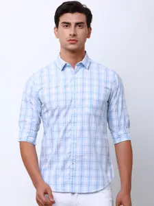 LOCOMOTIVE Men White & Blue Slim Fit Checked Casual Shirt