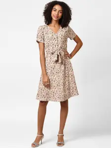 Harpa Women Beige Printed Fit and Flare Dress