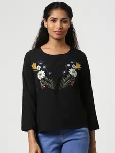 Harpa Women Black Solid Embroidered Top