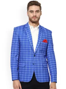 Hangup Men Blue & White Checked Single-Breasted Slim Fit Casual Blazer
