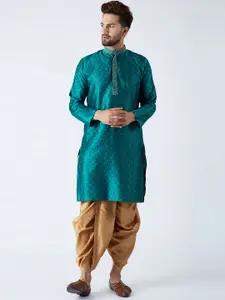 SOJANYA Men Teal & Gold-Toned Self Design Kurta with Dhoti Pants