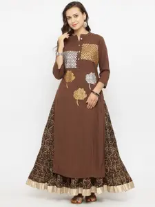 Varanga Brown Foil Printed Kurta  With Kalamkari Skirt