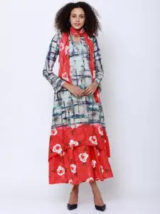 Vishudh Women White & Navy Blue Printed A-Line Kurta