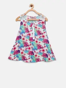 Gini and Jony Girls White & Pink Printed A-Line Top