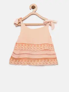 Gini and Jony Girls Peach-Coloured Solid Lace Inserts A-Line Top