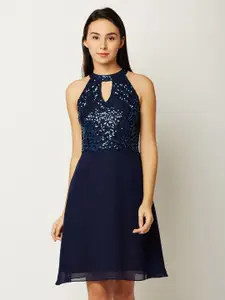 Miss Chase Women Navy Blue Embellished Fit and Flare Dress