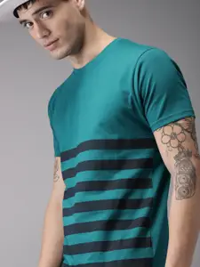 HERE&NOW HERENOW Men Teal Green  Black Striped Round Neck Pure Cotton T-shirt