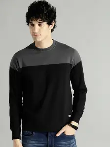 Roadster Men Black & Charcoal Grey Colourblocked Sweatshirt