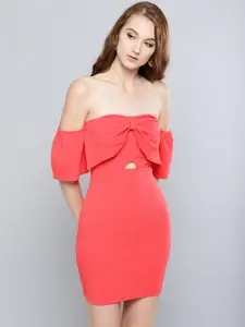 Veni Vidi Vici Women Coral Orange Solid Off Shoulder Bodycon Dress