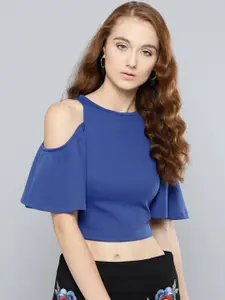 Veni Vidi Vici Women Blue Solid Cold Shoulder Crop Top