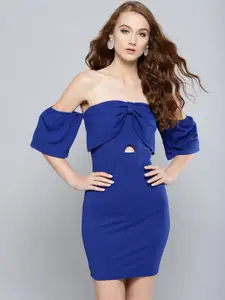 Veni Vidi Vici Women Blue Solid Bardot Bodycon Dress
