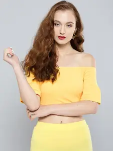 Veni Vidi Vici Women Yellow Solid Crop Bardot Top