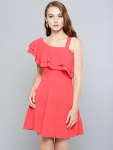 Veni Vidi Vici Women Coral Pink Solid One-Shoulder Fit and Flare Dress