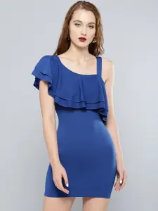 Veni Vidi Vici Women Blue Solid Ruffled One Shoulder Bodycon Dress