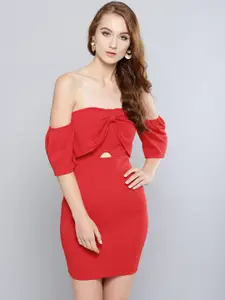 Veni Vidi Vici Women Red Solid Off Shoulder Bodycon Dress