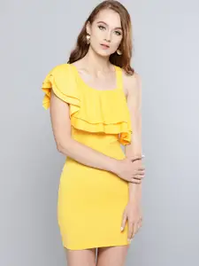 Veni Vidi Vici Women Yellow Solid One-Shoulder Bodycon Dress