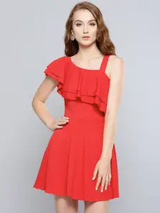 Veni Vidi Vici Women Red Solid One-Shoulder Fit and Flare Dress