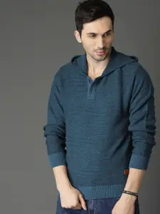 Roadster Men Teal Blue Solid Hooded Acrylic Sweater