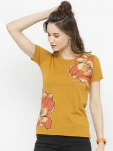 plusS Women Mustard Printed Round Neck T-shirt