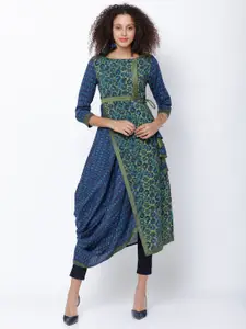 Vishudh Women Green & Blue Printed Asymmetric A-Line Kurta