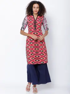 Vishudh Women Pink & Olive Green Printed Straight Kurta