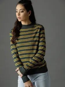 Roadster Women Olive Green & Mustard Yellow Striped Pullover