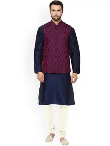 KISAH Men Navy Blue & Off-White Solid Kurta with Churidar and Waistcoat
