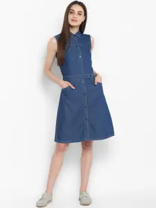 StyleStone Women Denim Blue Solid Shirt Dress