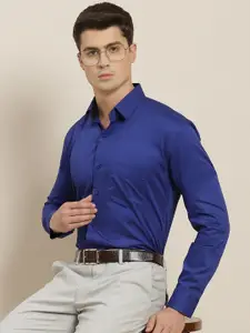 Hancock Men Blue Pure Cotton Satin Slim Fit Formal Shirt