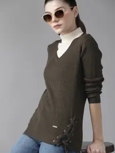 Roadster Women Olive Green Solid Lace-Up Pullover