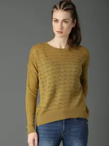 Roadster Women Olive Green Self-Design Pullover Sweater