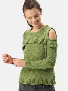 DressBerry Women Olive Green Cold-Shoulder Pullover