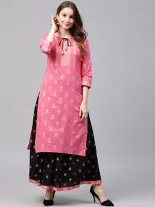 Nayo Women Pink & Black Printed Kurta with Skirt