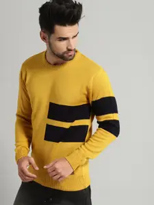 Roadster Men Mustard Yellow & Black Striped Pullover