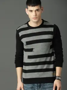 Roadster Men Black & Grey Striped Pullover Sweater