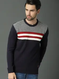 Roadster Men Black & Maroon Striped Pullover Sweater