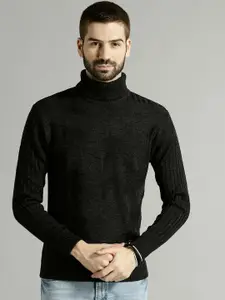 Roadster Men Charcoal Grey Striped Pullover