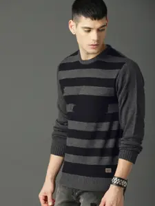 Roadster Men Grey & Black Striped Pullover Sweater