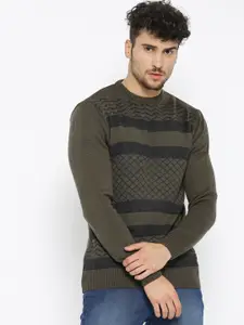 Roadster Men Olive Green & Charcoal Grey Self Design Pullover