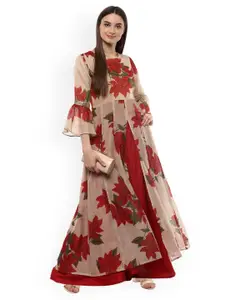 Ahalyaa Women Beige & Maroon Printed Layered Maxi Dress