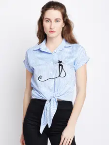 Berrylush Women Blue Striped Shirt Style Embroidered Top