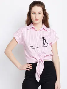 Berrylush Women Pink Striped Shirt Style Embroidered Top