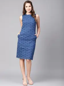 Athena Blue Schiffli Embroidered Sheath Dress