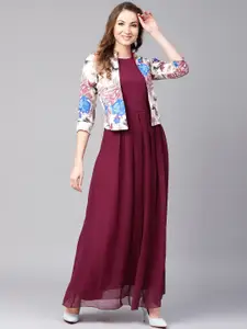 Athena Burgundy Mandarin Collar Maxi Dress
