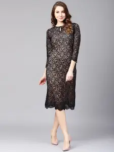 Athena Black & Peach-Coloured Self-Design Sheath Dress