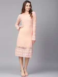 Athena Women Peach-Coloured Solid Fit and Flare Dress