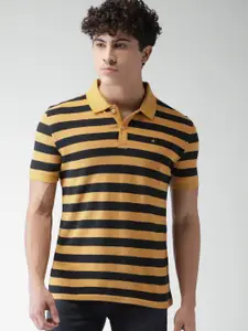 Celio Men Mustard Yellow  Navy Blue Striped Polo Collar Pure Cotton T-shirt