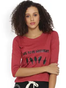 Campus Sutra Women Maroon Printed Pure Cotton Top