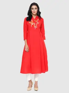 Get Glamr Women Red Embroidered A-Line Kurta