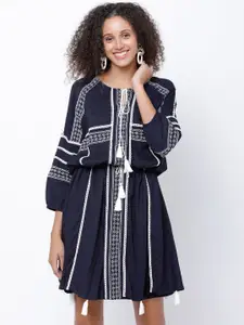 Tokyo Talkies Women Navy Blue Solid Blouson Dress